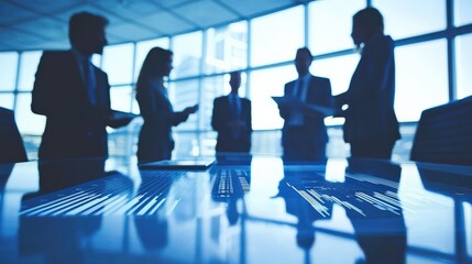 A group of coworkers discussing financial data on a large digital display, collaborative and modern