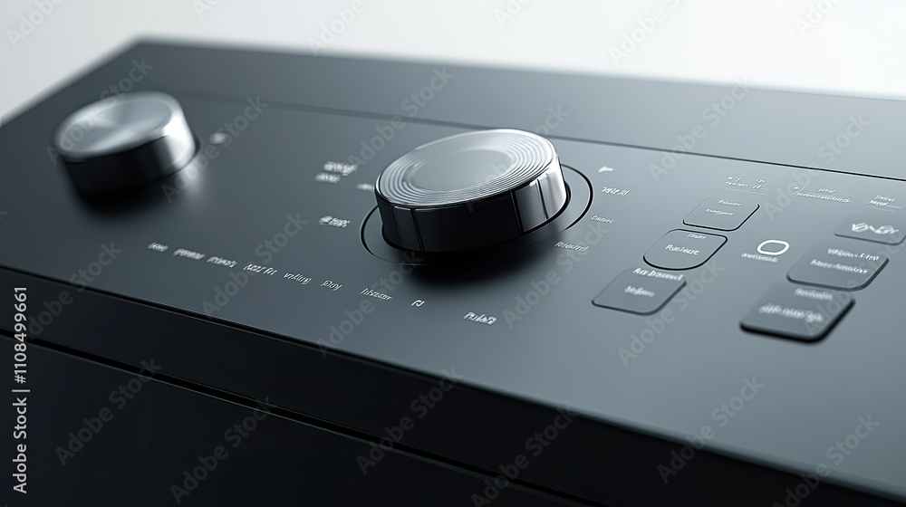 Poster close-up view of modern appliance control panel featuring knobs and buttons for machine operation an