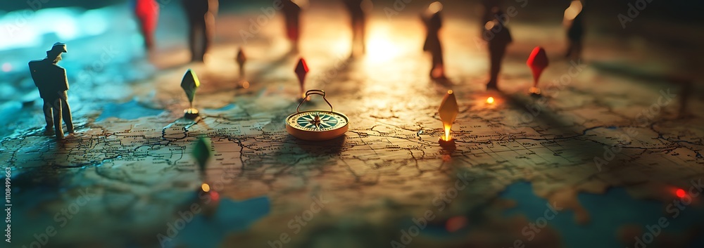 Aufkleber a close-up view of a map with miniature figures and pins, illuminated by a warm light, suggesting ex