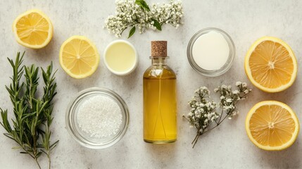 Fresh Ingredients and Natural Elements for Culinary and Wellness Use Featuring Lemon, Olive Oil, Sea Salt, and Herbs Set Against a Neutral Background