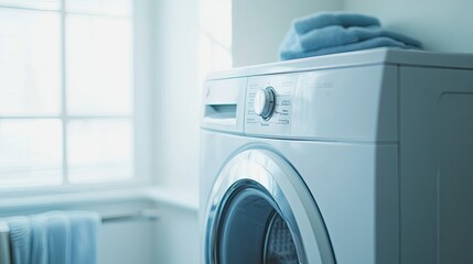 Modern Washing Machine in Bright Laundry Room with Soft Blue Towels and Window Light Enhancing a Clean and Fresh Atmosphere for Home and Domestic Use
