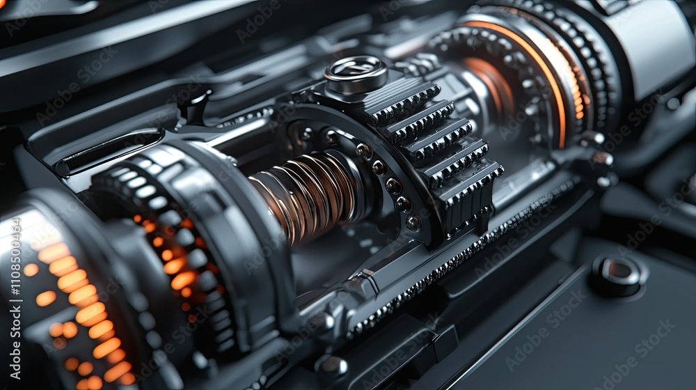 Poster close-up view of intricate mechanical engine components with glowing elements depicting advanced eng