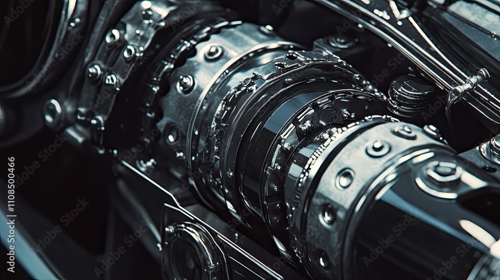 Poster close-up view of a polished mechanical engine component with intricate details, showcasing the beaut