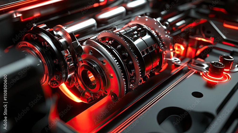 Poster intricate machinery and gears with illuminated elements in a futuristic setting, showcasing the comp