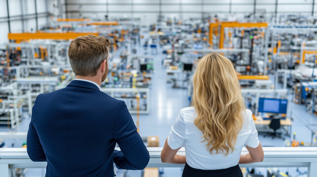 Senior businesswoman and businessman on upper floor in factory overlooking shop floor