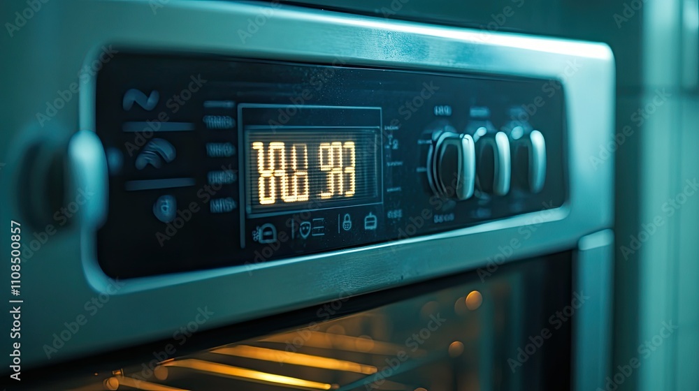Aufkleber close-up of a modern oven control panel displaying temperature settings and cooking function indicat