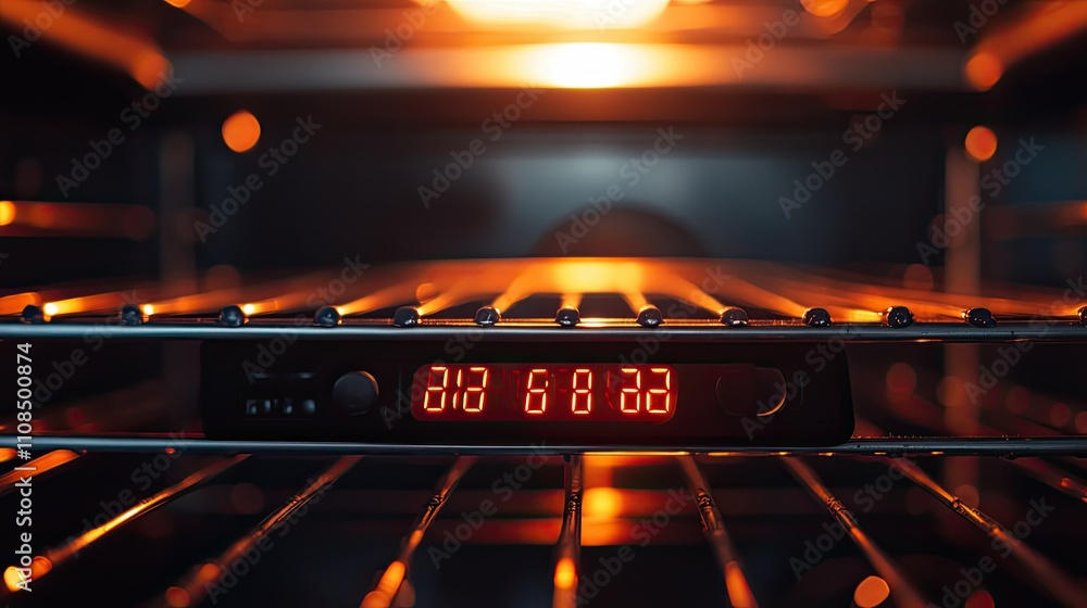 Poster close-up of digital display and oven interior showing temperature control and timer functionality in