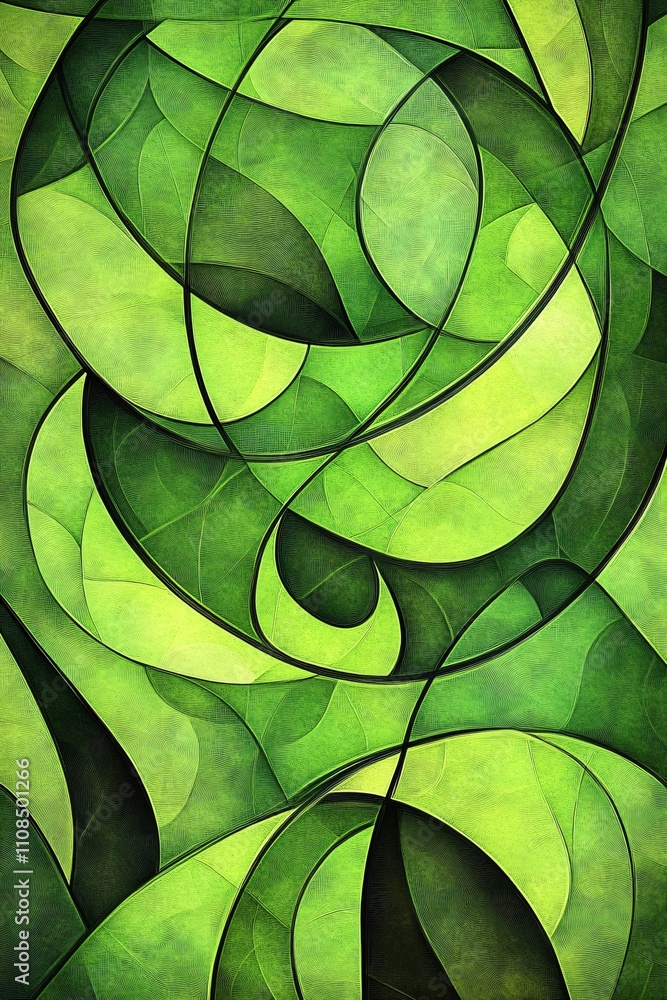 Poster abstract green shapes and curves create a harmonious, nature-inspired design.