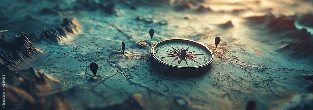 Poster A detailed close-up of a compass on a textured map, showcasing intricate features and a mystical atmosphere.