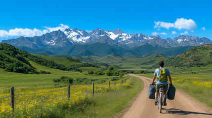 Fototapeta premium side view of unrecognizable tourist in casual clothes with luggage riding bicycle on dirt road near mountains 