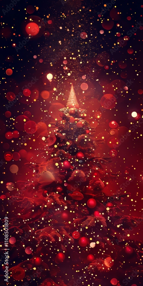Poster a large red christmas tree with many red ornaments and balls is the focal point of the image. the tr