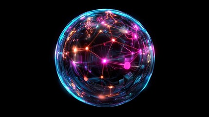 Abstract glowing sphere with interconnected nodes and lines, representing global network or futuristic technology.