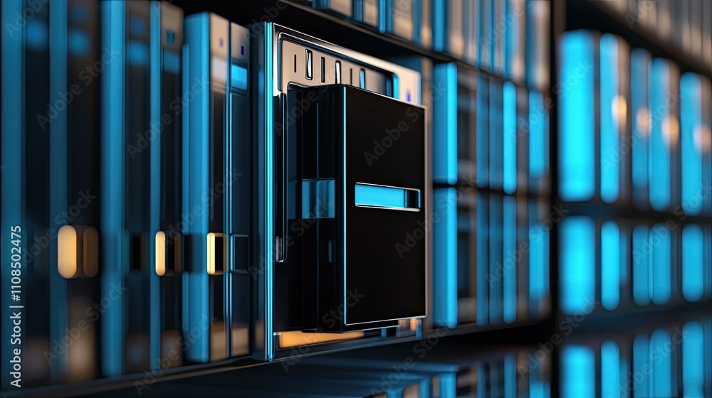 Poster a modern digital archive with glowing elements showcasing data storage technology in a sleek and fut
