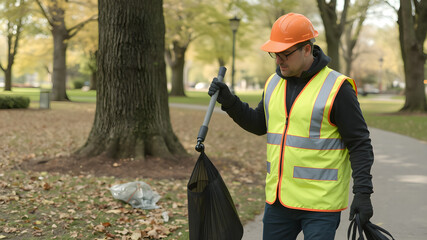 A worker in a neon vest picking up trash in a park, using a grabber tool and carrying a trash bag