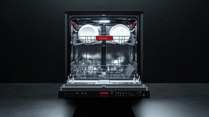 Modern Dishwasher with Open Door Showing Clean Dishes and Utensils Against Dark Background, Highlighting Efficient Kitchen Cleaning Technology and Design