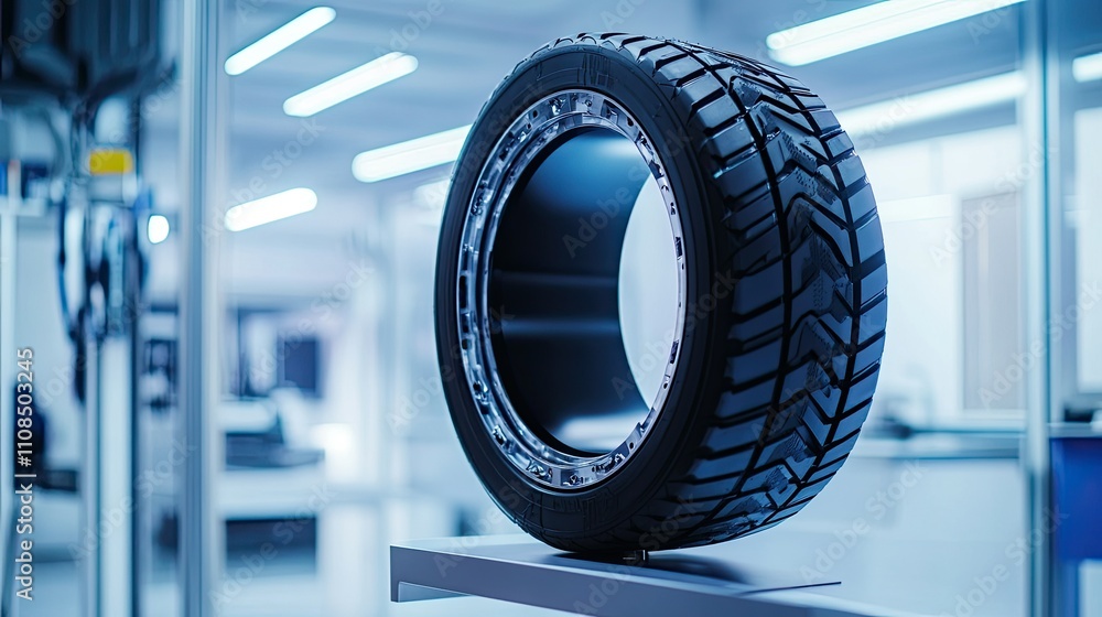 Poster high-tech tire display in modern workshop with futuristic design, showcasing tread patterns and engi