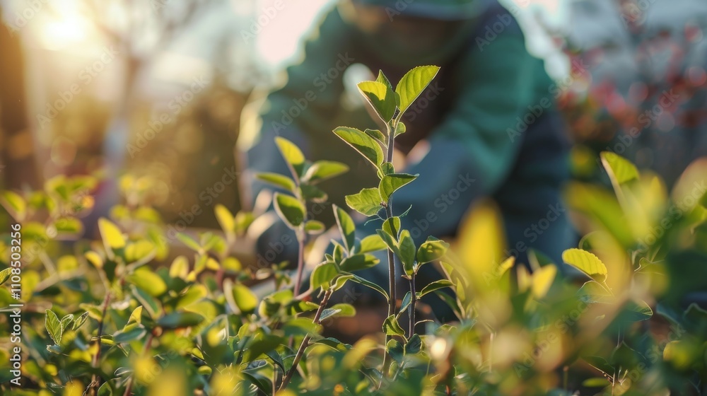 Poster soft focus captures the motions of gardeners pruning and pruning with precision against a backdrop o