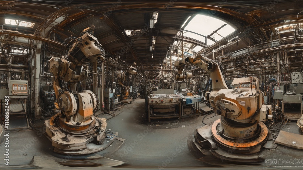 Poster industrial robotics workshop with automated machines and equipment in a factory setting featuring ad