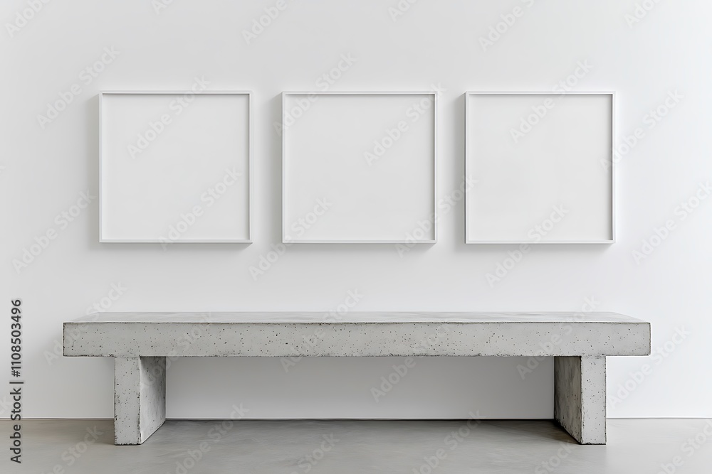 Poster a minimalist scene featuring a concrete bench under three empty white frames on a plain wall, emphas