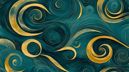 Abstract teal and gold swirling pattern background.