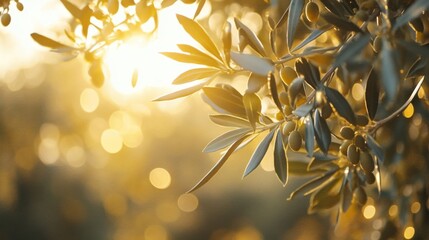 Olive Branch with Ripe Olives in Golden Sunlight