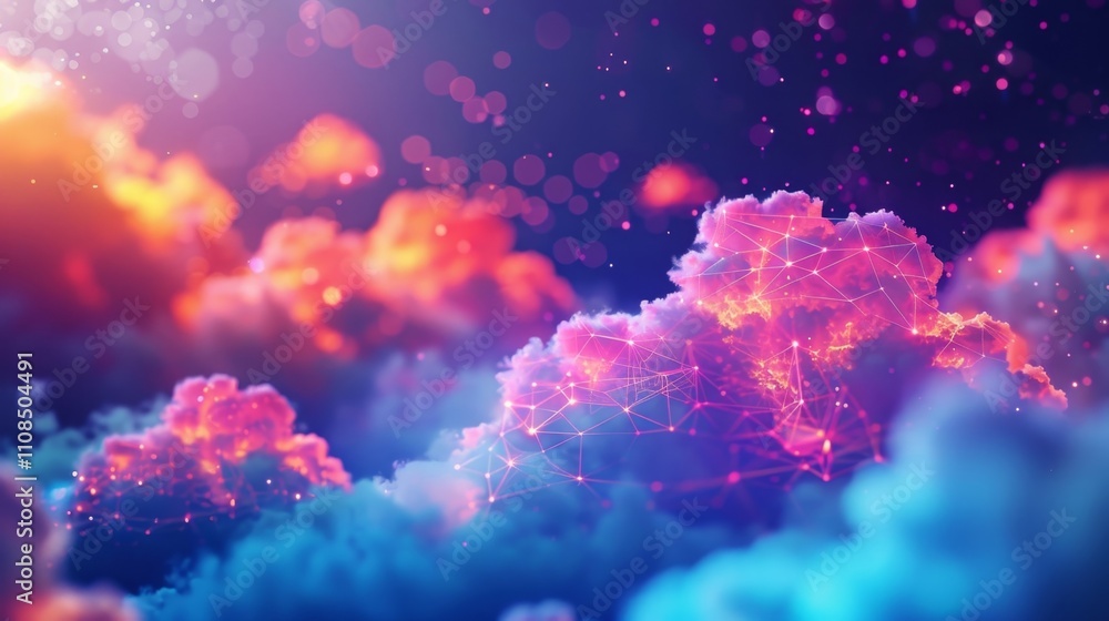 Poster boldly colored clouds formed by vibrant data blocks emphasizing the innovative and creative possibil