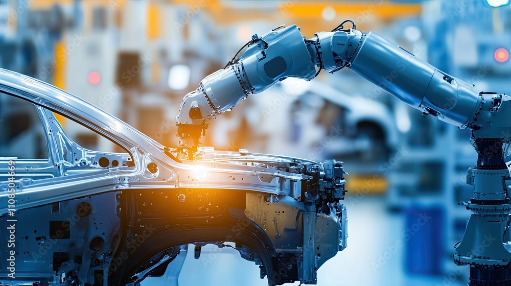 Poster industrial robotics in automotive manufacturing: automated arm working on vehicle assembly line with
