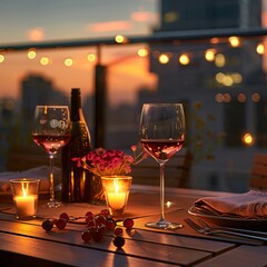 Romantic dinner setup including wine glasses and candles on a rooftop terrace for Valentine's Day.