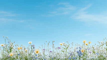 Fototapeta premium Spring Meadow with Long Grass, Wild Flowers and clear blue sky. Nature Background with space for text 
