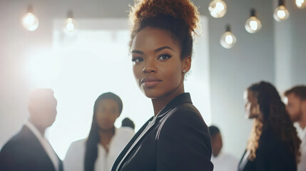 Obraz premium A confident woman in a business setting, surrounded by a diverse group of people.