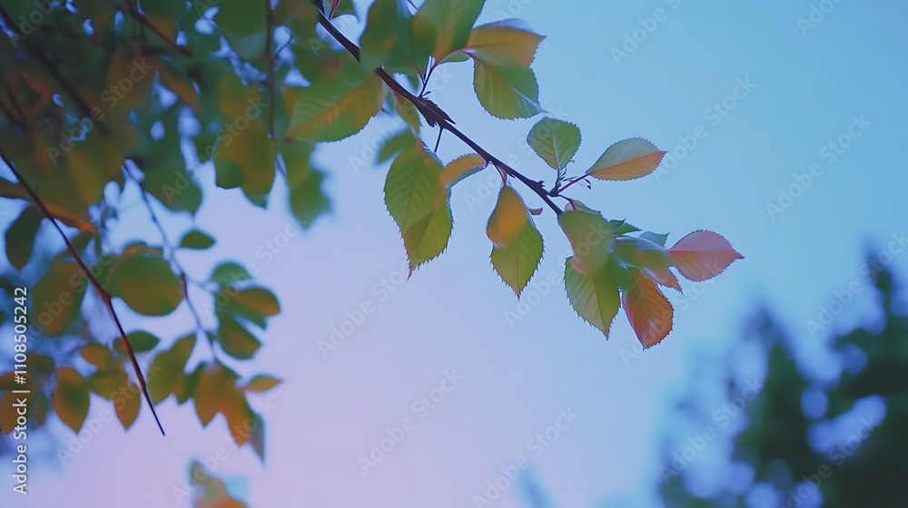Poster a serene low-angle view of green leaves on a tree glowing softly in twilight, framed by the lush for