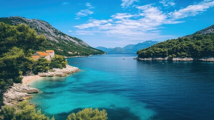 Fototapeta premium Serene Coastal Landscape with Crystal Clear Water, Rocky Shores, Lush Greenery, and Majestic Mountains Under Blue Sky on a Sunny Day in Croatia