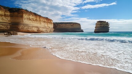 Serene Coastal Landscape Featuring Sand Beach, Turquoise Waves, Dramatic Rock Formations, and Blissful Sky Reflections at the Stunning Ocean Shore