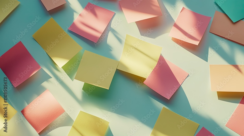 Poster colorful sticky notes on a surface with shadow play creating a vibrant and creative workspace vibe i