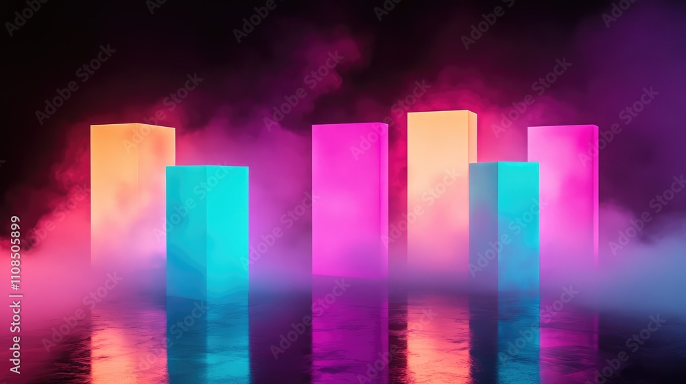 Poster colorful neon cubes with fog and reflection in dark background