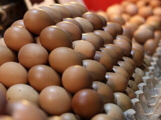 Pile of fresh eggs for sale at market. Fresh chicken egg at the traditional market stall with various size and pricing.