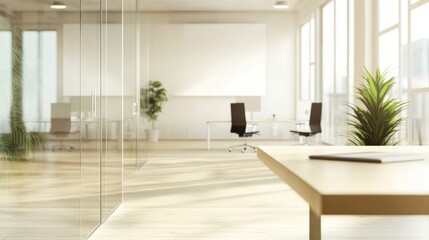 Fototapeta premium Minimalist Modern Office Space with Glass Partitions and Wooden Desk