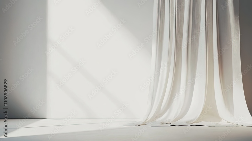 Poster soft white drapery casting shadows in a minimalistic interior space with natural light creating a se