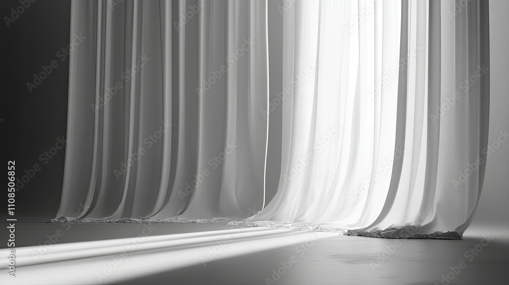 Poster soft white curtains gently flowing in a sunlit room creating an ethereal atmosphere with subtle shad