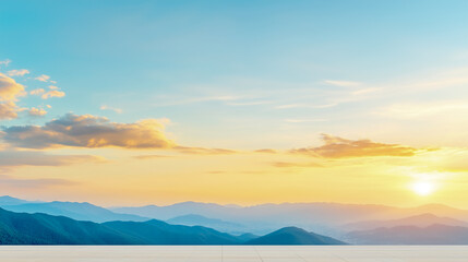 Fototapeta premium Sunrise landscape with a spacious square floor and mountain backdrop blank space for placing an image. Copy space image. Place for adding text and design