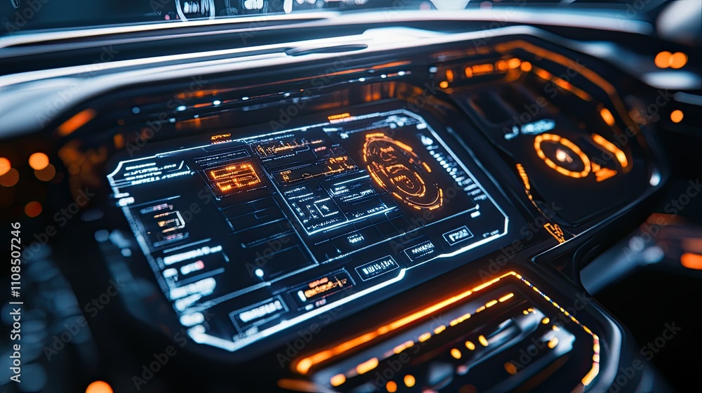 Poster futuristic dashboard interface with digital readouts and neon highlights displaying advanced technol