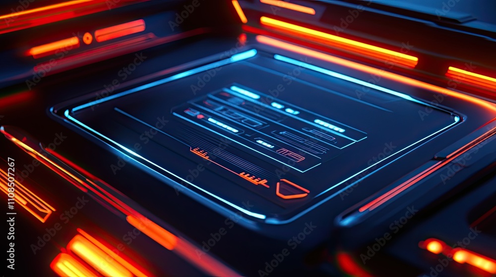 Poster futuristic control interface with neon lights and digital display in dark environment for sci-fi, te