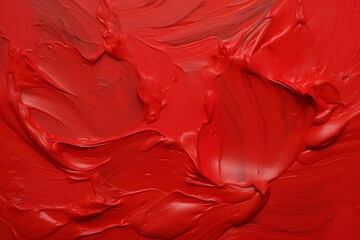 Obraz premium A vibrant red paint texture showcasing thick, swirling strokes and glossy finish.