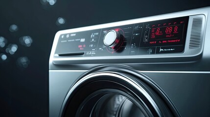 Modern washing machine control panel with digital display, sleek design, user interface, and stylish aesthetic in a contemporary laundry room setting