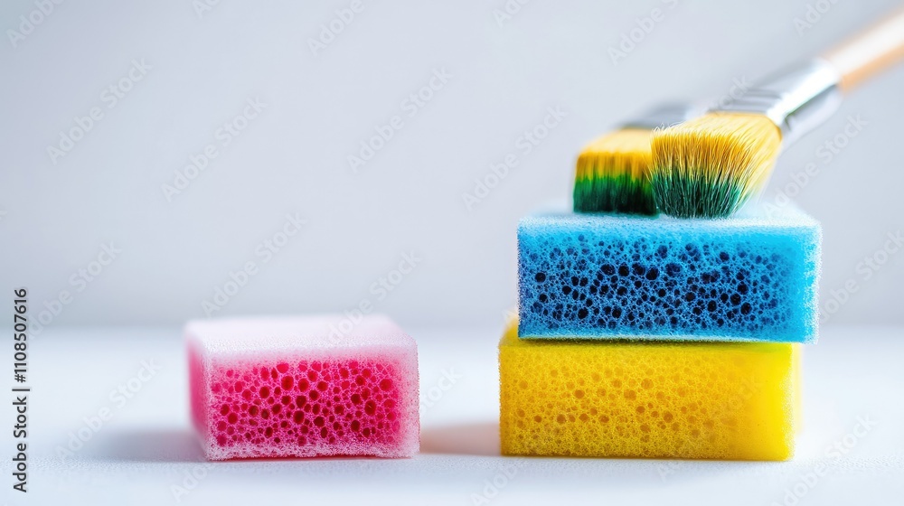 Poster vibrant sponges with paintbrushes at a crafts workspace showcasing creative tools for artisans and d
