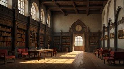 Sunlit grand library interior with antique bookshelves, wooden floors, and red armchairs.
