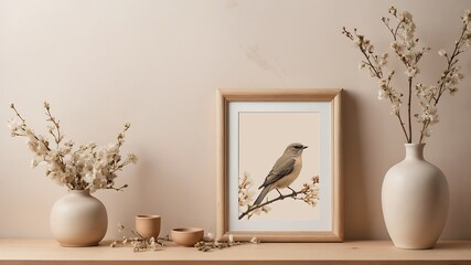 Vertical wooden picture frame, poster mockup. Spring, easter composition. Asian interior, home office still life. Artistic display.