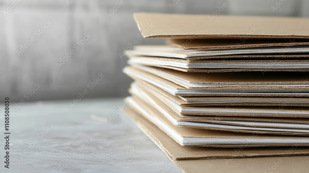 Poster stacked sheets of paper on a light table surface with a soft focus background for creative artwork o