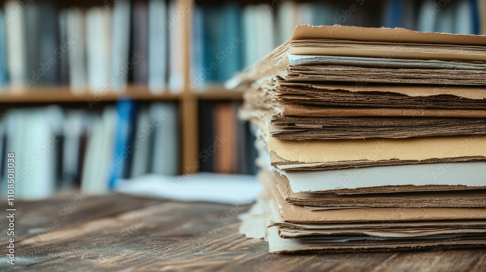 Poster stack of old papers on wooden desk in front of bookshelf with blurred books in background, featuring