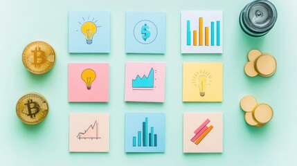Fototapeta premium Creative Business Concepts with Sticky Notes and Cryptocurrency Coins